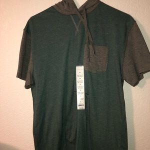 Short sleeve green and gray shirt with hoodie